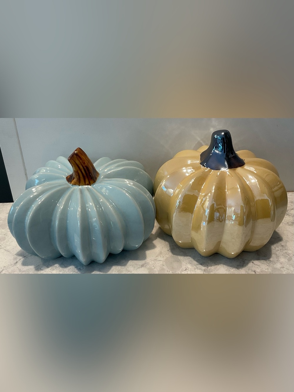 TWO Ceramic Decorative Pumpkins - Light Blue & Light Yellow (Set of Two)